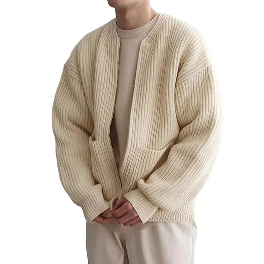 Sweater Cardigan Men Zipper Pocket Cardigan Coat Men's Collarless Knitted Sweater Coat with Zipper Placket Pockets for Autumn