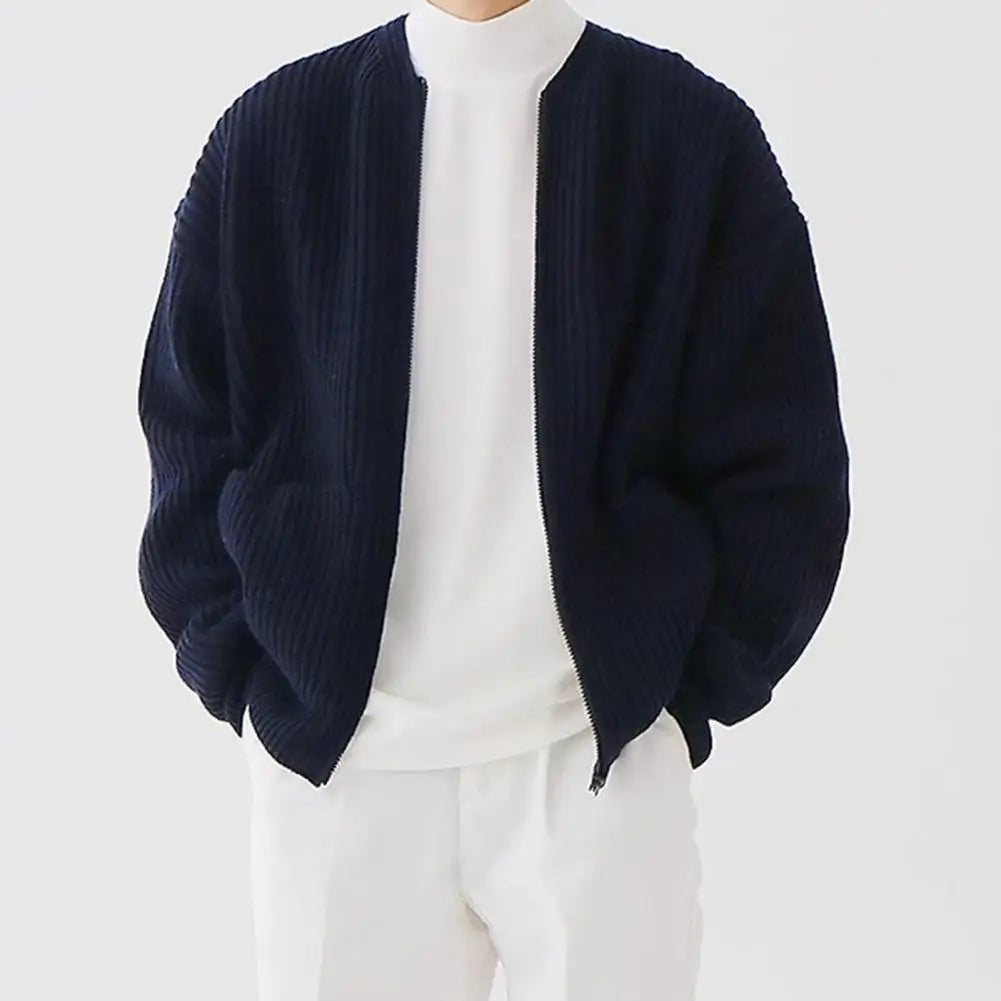 Sweater Cardigan Men Zipper Pocket Cardigan Coat Men's Collarless Knitted Sweater Coat with Zipper Placket Pockets for Autumn