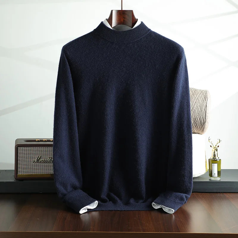 New {100% Cashmere} Men's Cashmere Hot Selling Half High Collar Casual Solid Color Knitted Sweater for Men