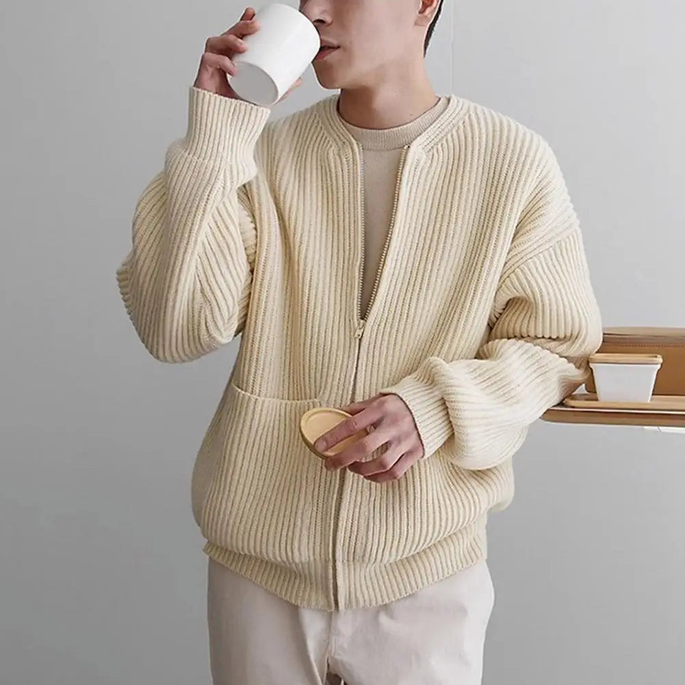 Sweater Cardigan Men Zipper Pocket Cardigan Coat Men's Collarless Knitted Sweater Coat with Zipper Placket Pockets for Autumn