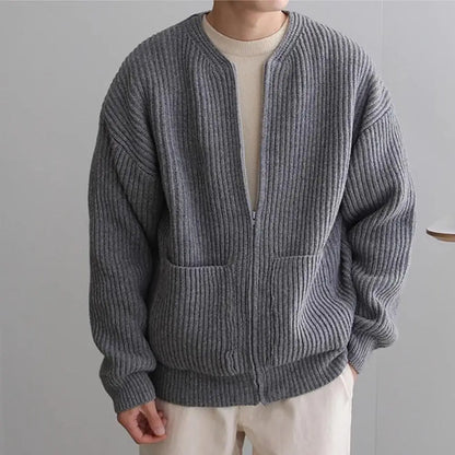 Sweater Cardigan Men Zipper Pocket Cardigan Coat Men's Collarless Knitted Sweater Coat with Zipper Placket Pockets for Autumn