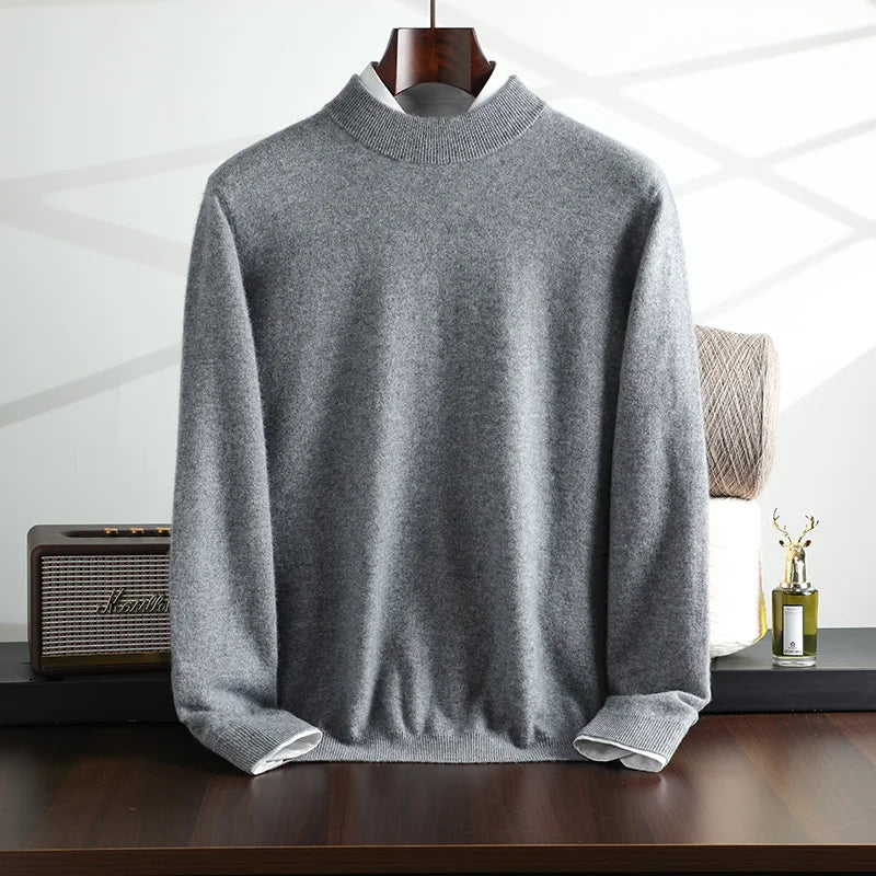 New {100% Cashmere} Men's Cashmere Hot Selling Half High Collar Casual Solid Color Knitted Sweater for Men