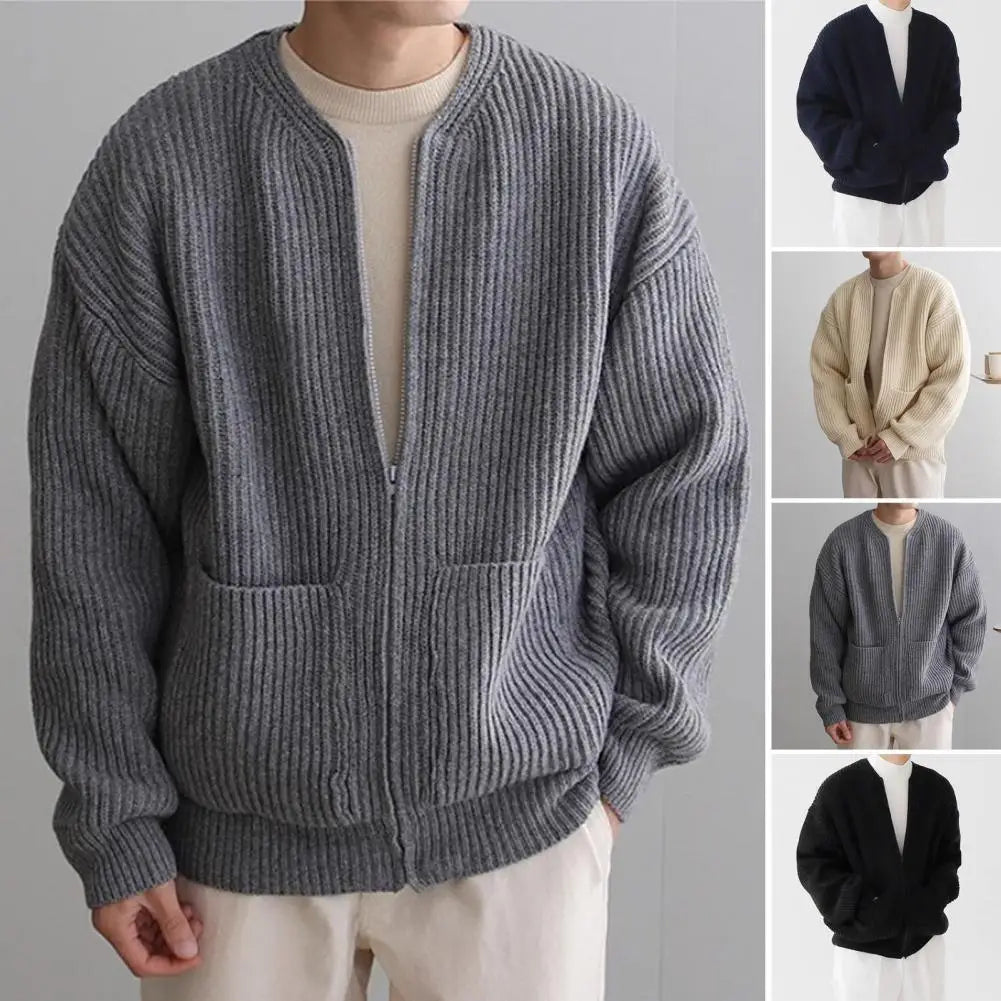 Sweater Cardigan Men Zipper Pocket Cardigan Coat Men's Collarless Knitted Sweater Coat with Zipper Placket Pockets for Autumn