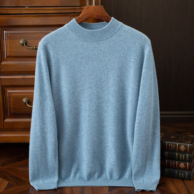 New {100% Cashmere} Men's Cashmere Hot Selling Half High Collar Casual Solid Color Knitted Sweater for Men